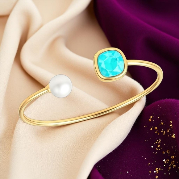 🆕️Elegant 18K Gold Plated Stainless Steel Aquamarine Pearl Cuff Bracelet Studs - Picture 9 of 13